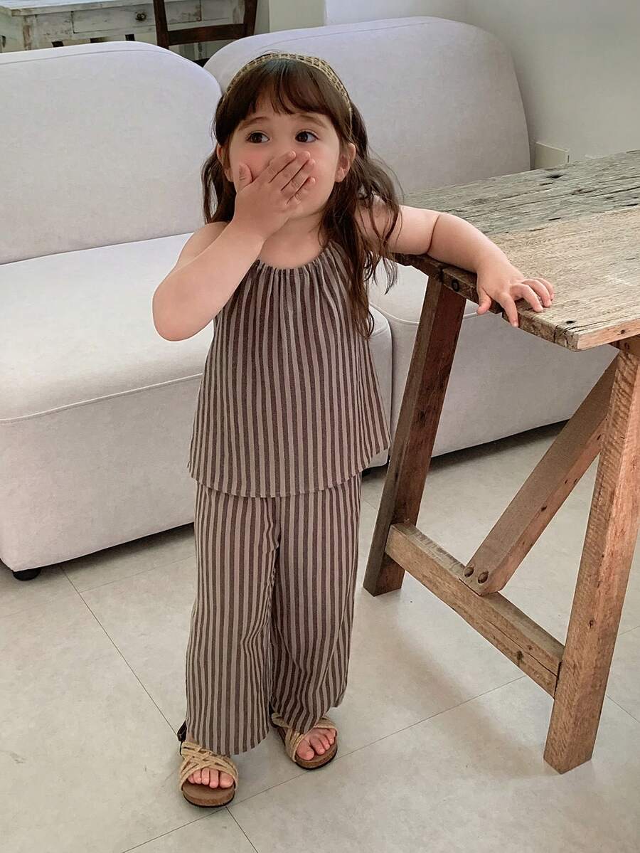 DAZY 女嬰簡單條紋上衣與寬鬆長褲套裝 夏季幼兒 - 灰色 - 查看 1