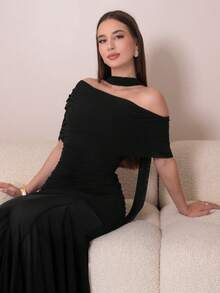 Duda Rubert 女款優雅不對稱領扭結抓皺修身網紗拼接洋裝，夏季婚禮賓客禮服，情人節穿搭，黑色 - 黑色 - 查看 6