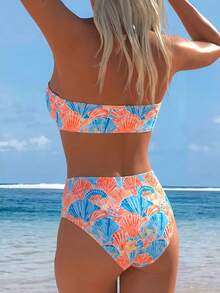 Swim Lushoire 女款夏季度假海灘性感海洋彩色貝殼印花可拆卸細肩帶平胸式高腰比基尼套裝 - 彩色 - 查看 2