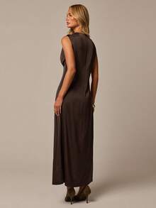 COSMINA Women's Casual Elegant Cowl Neck Satin Maxi Dress Formal Dark Brown  Dress Wedding Guest Dress  Graduation Dress Work Dress - Brown - View 2