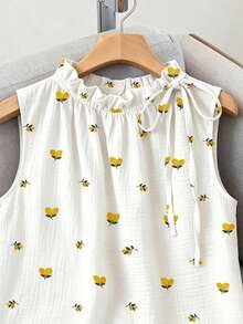 SHEIN PariChic Women's Spring/Summer Floral Print Fresh Fashion Drawstring Stand Collar Sleeveless Top - White - View 5