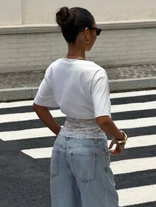 Muchica White Knit Women's Contrast Lace Short Sleeve T-Shirt - White - View 2