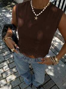 Siren Gaze Spring/Summer New Solid Color Lace Patchwork Round Neck Camisole For Women,Summer Top - Coffee Brown - View 5