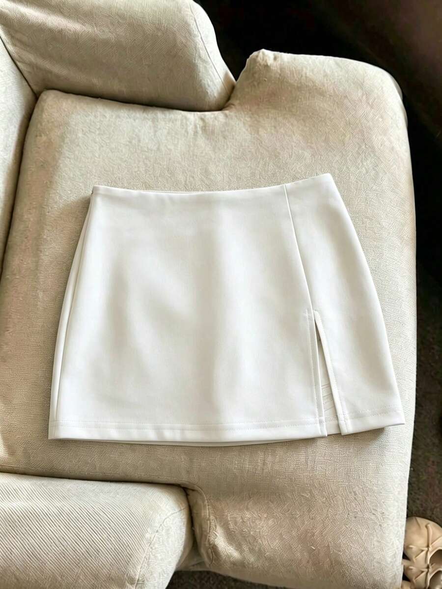 Franclia 女款新款杏色開衩裙,內建內褲防走光設計,適合度假、假日、休閒、日常、正式場合與派對 - 白色 - 查看 1