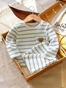 SHEIN Baby Boy Striped Waffle Knit Set, Cute Teddy Bear Pocket Long Sleeve T-Shirt & Pants 2pcs Outfit, Infant Toddler Casual Autumn - Baby Blue - View 6