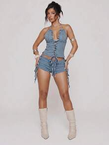 MUSERA Low Rise Zip Front Tie Side Fitted Micro Shorts Hotpants Spring Summer Festival Sexy Ibiza Vacation Holiday Y2k Cowgirl Deconstructed Cowboy - Blue - View 6