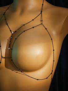 SHEIN 1件裝女款性感深色龐克風水鑽胸鍊身體鏈，性感內衣配件，適合派對與音樂性感穿搭 - 黑色 - 查看 4