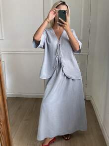 DAZY Spring Summer Loose Casual Long Sleeve Shirt And Straight Leg Pants 2 Pieces Set For Women Vacation Light Blue Brunch - Blue - View 5