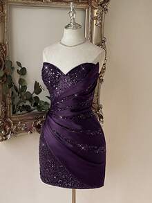 Lovelzi Elegant Deep Purple Sequin Satin Sweetheart Draped Wrap Asymmetric Ruched Corset Sparkly Fitted Short Cocktail Dress For Party Prom - Purple - View 2