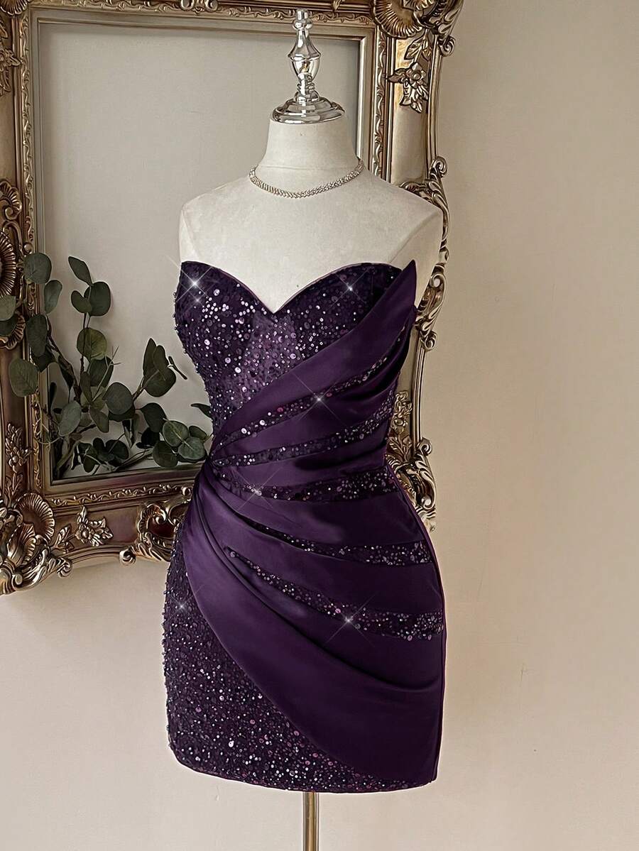 Lovelzi Elegant Deep Purple Sequin Satin Sweetheart Draped Wrap Asymmetric Ruched Corset Sparkly Fitted Short Cocktail Dress For Party Prom