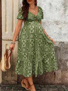Boho Mama Maternity Floral Print Twisted Design Short Petal Sleeve Dress - Green - View 4