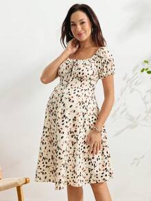 SHEIN Maternity All-Over Print Front Tie Short Sleeve Casual Dress - Multicolor - View 5