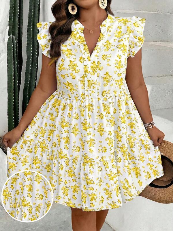 SHEIN Holidaya Plus Size Women Fairy Ditsy Floral Cap Sleeve Casual Dress
