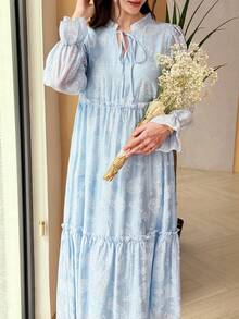 Al Najma Stand Collar Long Sleeve Embossed Jacquard Blue Color Block Dress - Blue - View 6
