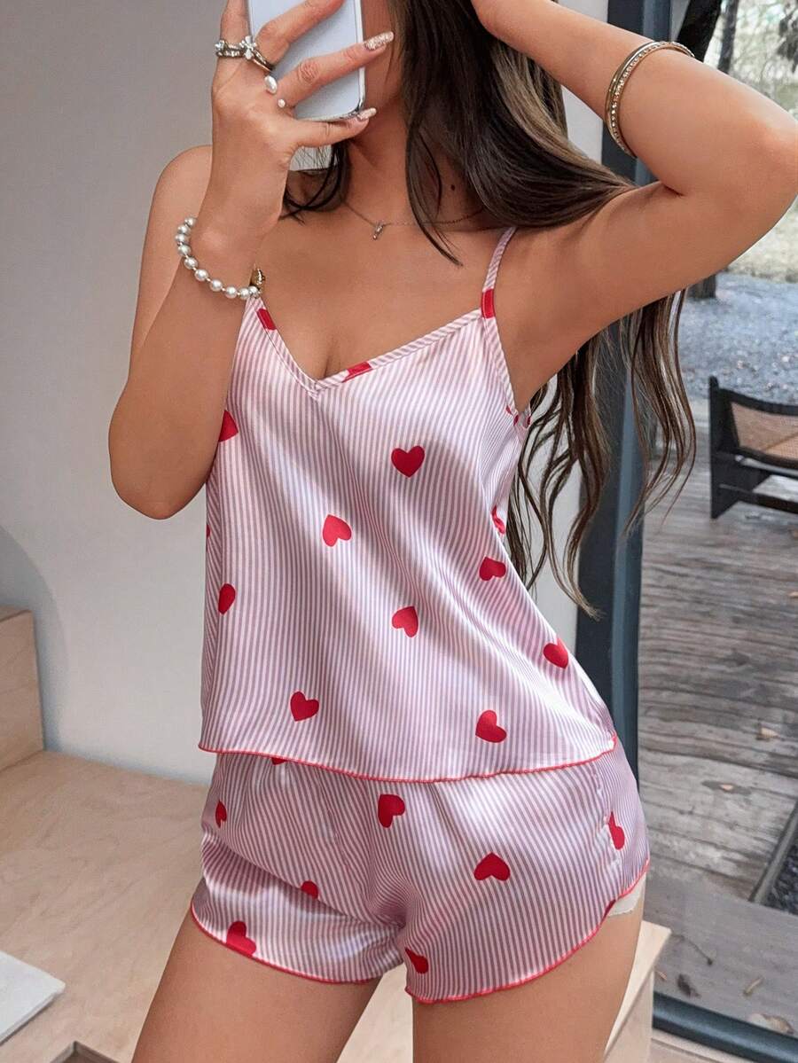 SHEIN 仿絲條紋愛心印花細肩帶背心與短褲睡衣套裝 - 彩色 - 查看 1