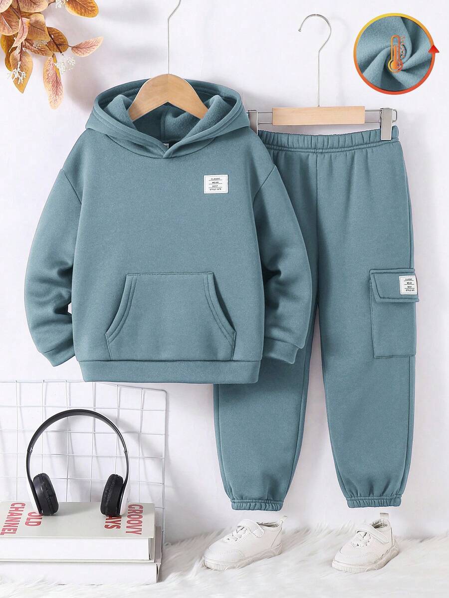 SHEIN 2件組/套 青少年男女款休閒學院風舒適時尚極簡百搭字母印花刷毛加厚連帽衛衣與長褲,適合開學第一天、校服 - 霧霾藍 - 查看 1
