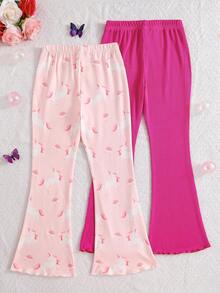 Girls' 2 Pieces Knit Slim Fit All-Match Casual Versatile Spring/Summer Unicorn Print Rose Red Leggings, Wearable All Year Round - Multicolor - View 3
