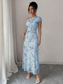 Modelyn 女款粉色花卉蝴蝶印花網紗不對稱領抽褶浪漫優雅夏季中長洋裝 - 藍色 - 查看 3