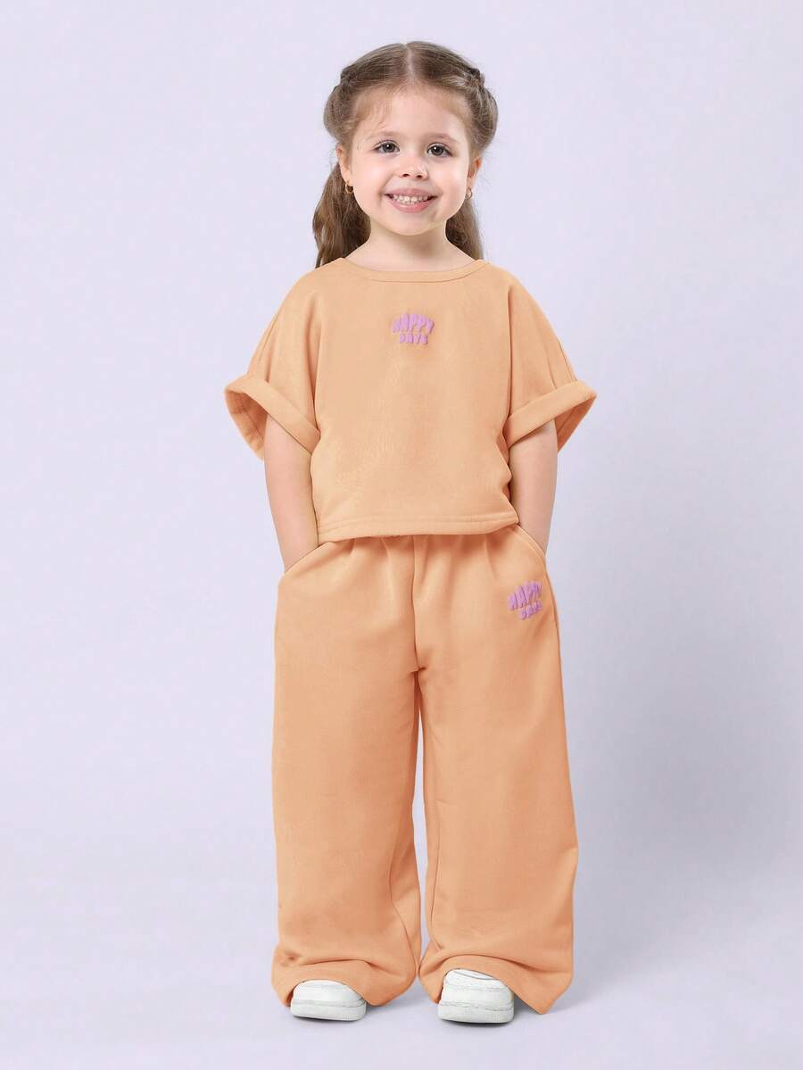 SUMWON Happy Days Turn Back Wide Leg Co-Ord Set Girls Casual Comfortable Outfit With Purple Print - Coral Orange - View 1