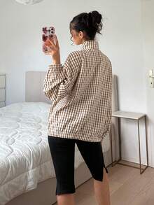 SHEIN EZwear 女款休閒格紋梭織夾克 - 咖啡棕 - 查看 4