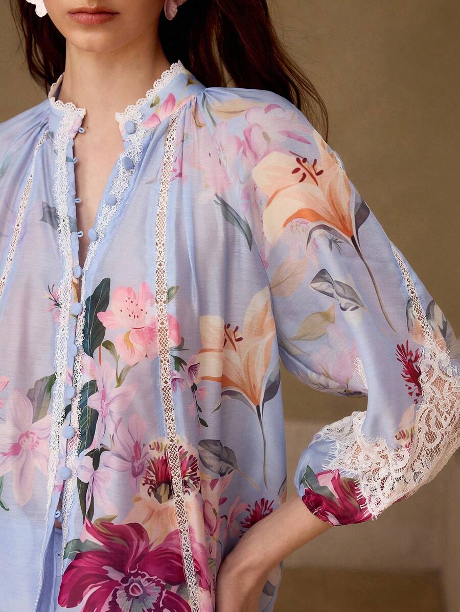 MOTF PREMIUM SPRING/SUMMER WOMEN'S POSITION PRINT LACE EMBROIDERED PATCHWORK BLOUSE - Dusty Blue - View 2