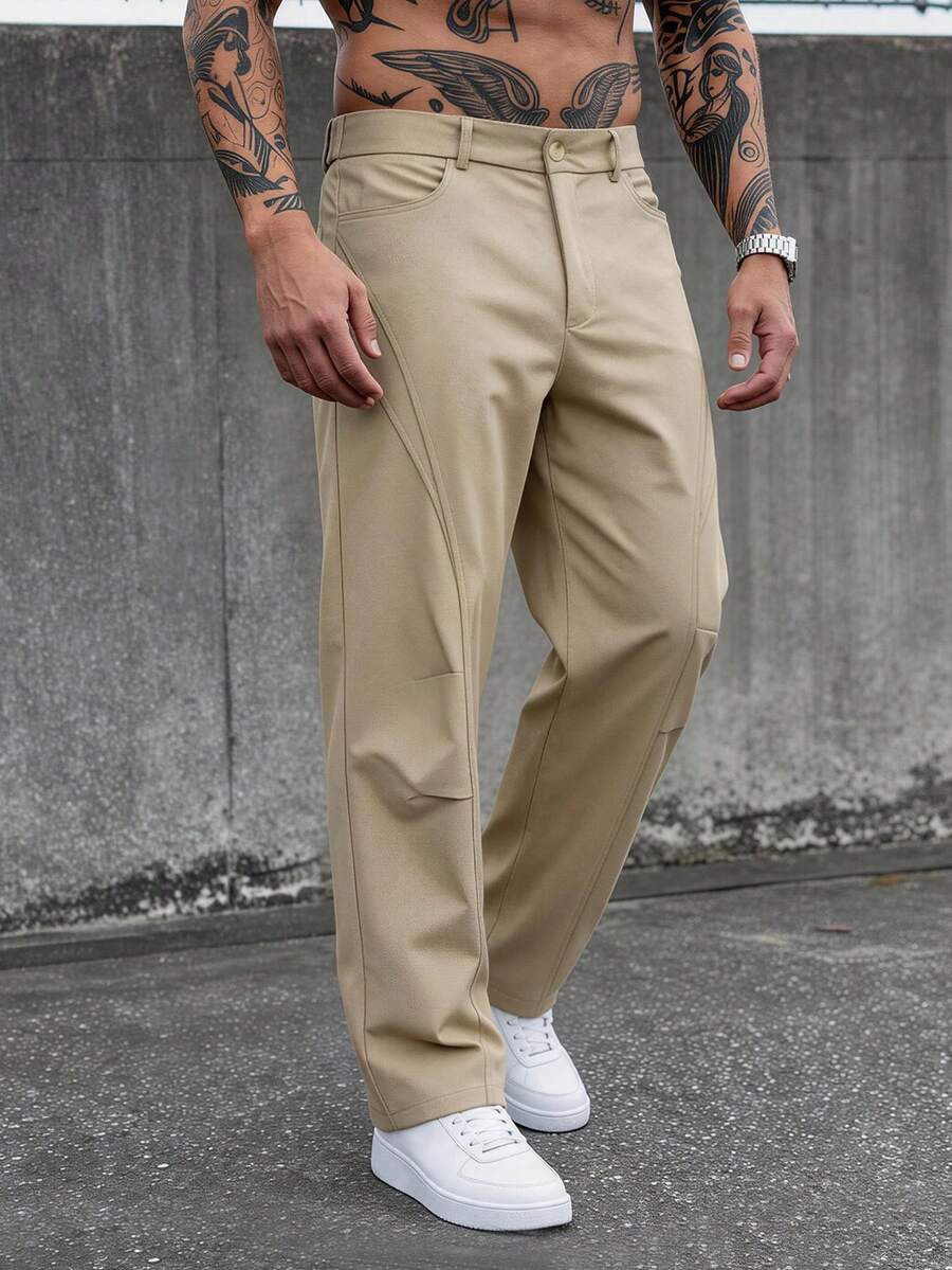 Manfinity Homme 男士素色休閒口袋鈕扣商務寬鬆長褲 - 卡其色 - 查看 1