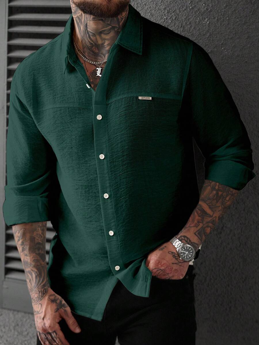 Manfinity CasualCool Men's Solid Color Single-Breasted Shirt, Structured Micro-Texture - Dark Green - View 1