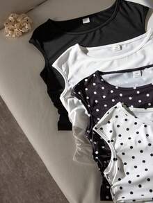 SHEIN Elladie kids 這是一組 4 件 T 恤套裝，專為年輕女孩設計。特點為圓領、單件式設計、寬肩、無袖款式，且帶有輕微皺褶的貼身外觀。這些短袖上衣非常適合女孩在夏季日常穿著中穿搭，可輕鬆與其他衣物搭配。 - 彩色 - 查看 7