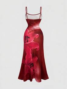 SHEIN MOD 大尺碼女款棕色百合印花 2 件式開襟衫與中長洋裝套裝，適合度假、音樂節 - 酒紅色 - 查看 5