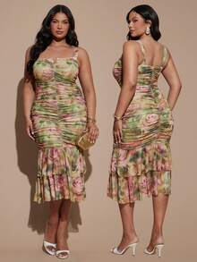 SHEIN BAE CURVE Vestido verde fruncido talla grande para mujer - Verde - Ver 7
