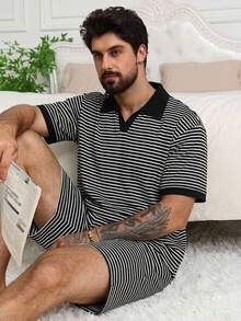 DAZY 男士夏季條紋V領短袖上衣與短褲家居服套裝 - 彩色 - 查看 3
