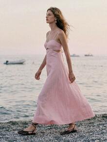 MOTF PREMIUM VACATION LINEN SPAGHETTI STRAP HOLLOW WAIST BACKLESS A-LINE DRESS SPRING SUMMER - Pink - View 2