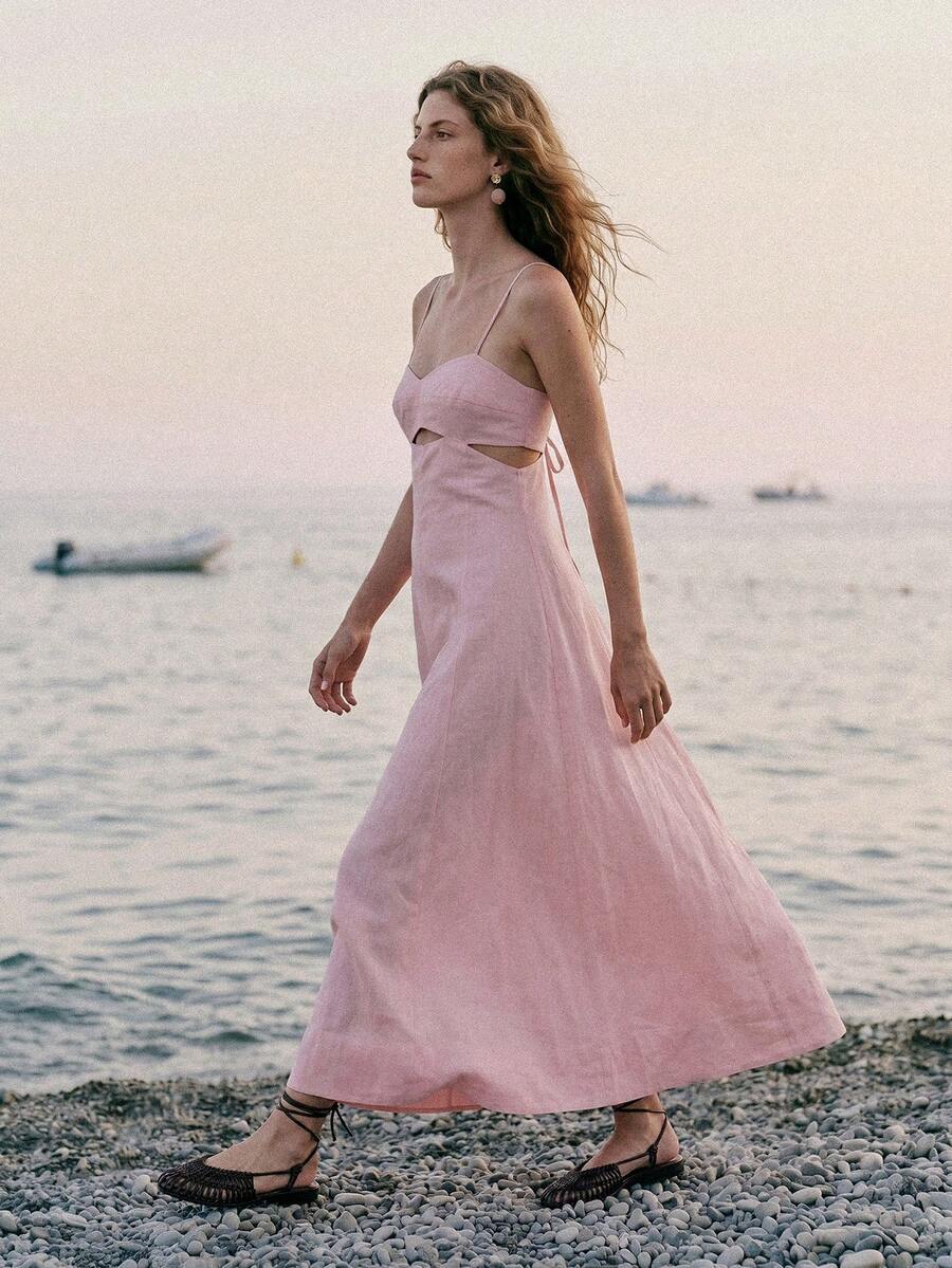 MOTF PREMIUM VACATION LINEN SPAGHETTI STRAP HOLLOW WAIST BACKLESS A-LINE DRESS SPRING SUMMER