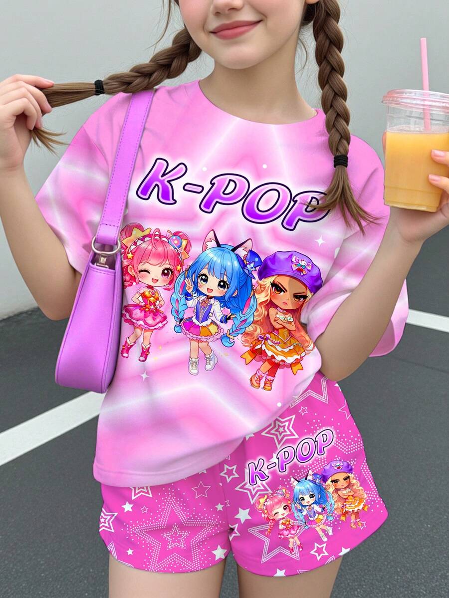 青少年女孩休閒卡通女團印花 K-Pop 超級巨星 紮染星星短袖 T 恤與短褲 2 件套,適合夏季 - 彩色 - 查看 1