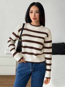 SHEIN PETITE 女款立領黑白條紋長袖極簡毛衣，休閒日常穿著，小碼版型，適合秋冬 - 棕色 - 查看 5