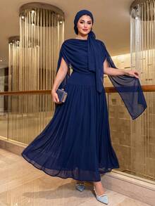 SHEIN Lady CURVE Plus Size Elegant Party Solid Color Ruched Dress Summer - Blue - View 5