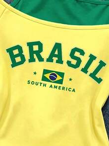 Spring Summer Autumn Tween Girls' Brazil Five-Pointed Star Light Yellow Striped Letter Slogan Pattern Casual Streetwear Y2k 2 In 1 T-Shirt Tops School - Multicolor - View 3
