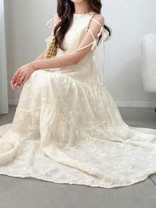 FRIFUL 女款夏季優雅花卉刺繡繫腰洋裝 - 杏色 - 查看 6