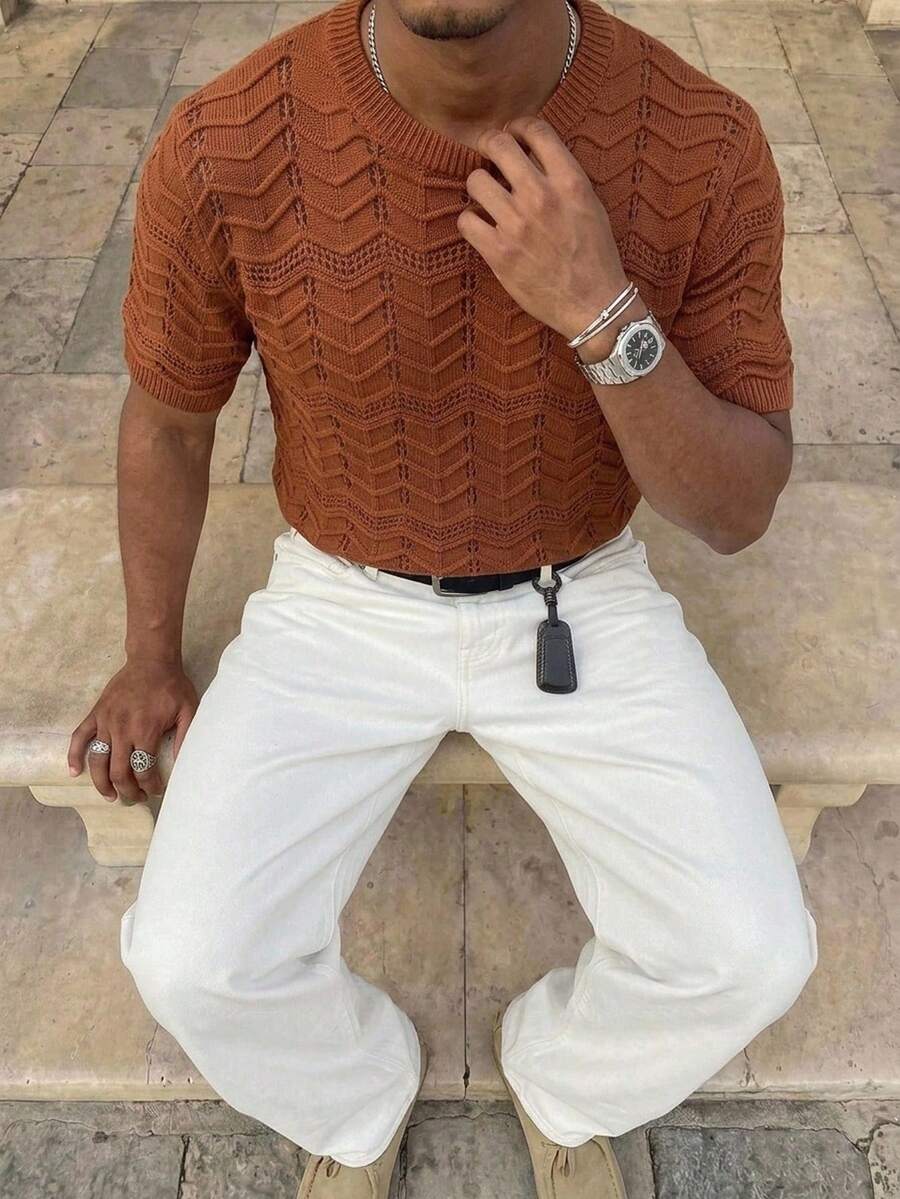 Manfinity Homme Men's Solid Color Hollow Out Round Neck Short Sleeve Casual Knit Top Vacation Rusty Orange Summer Holiday - Brown - View 1
