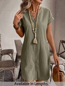 Comfylo Plus Size Casual Solid Color Front Button Dress Gym Brown - Army Green - View 3