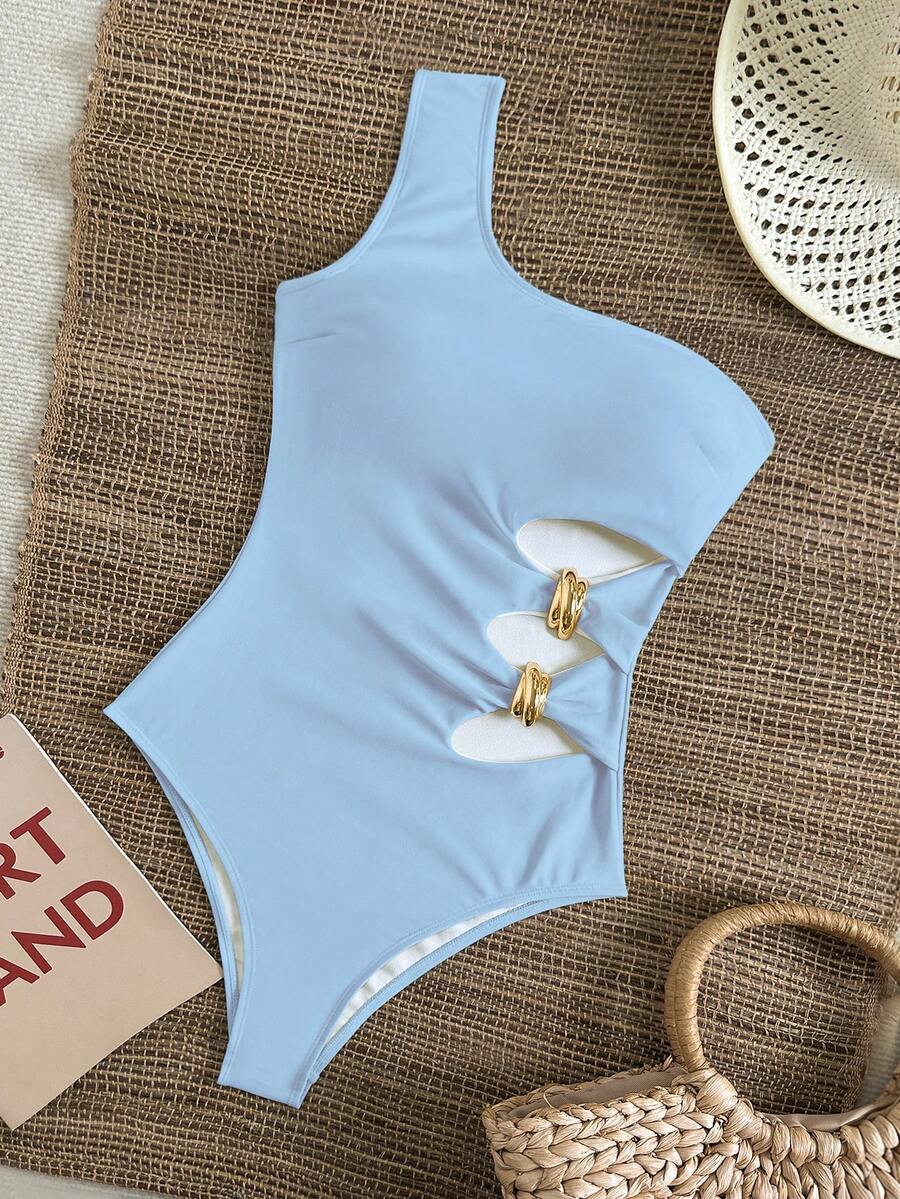 SHEIN Swim 純色單肩綁帶挖腰金屬飾飾品優雅度假女款連身泳衣 - 淺藍色 - 查看 1