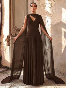 Aureia Elegant Brown Summer Wine Red Glossy Mesh V-Neck Ruched Super Flared A-Line Skirt (Detachable Halter Chiffon Flounce) Formal Evening Wedding Dress - Coffee Brown - View 1