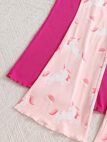 Girls' 2 Pieces Knit Slim Fit All-Match Casual Versatile Spring/Summer Unicorn Print Rose Red Leggings, Wearable All Year Round - Multicolor - View 6