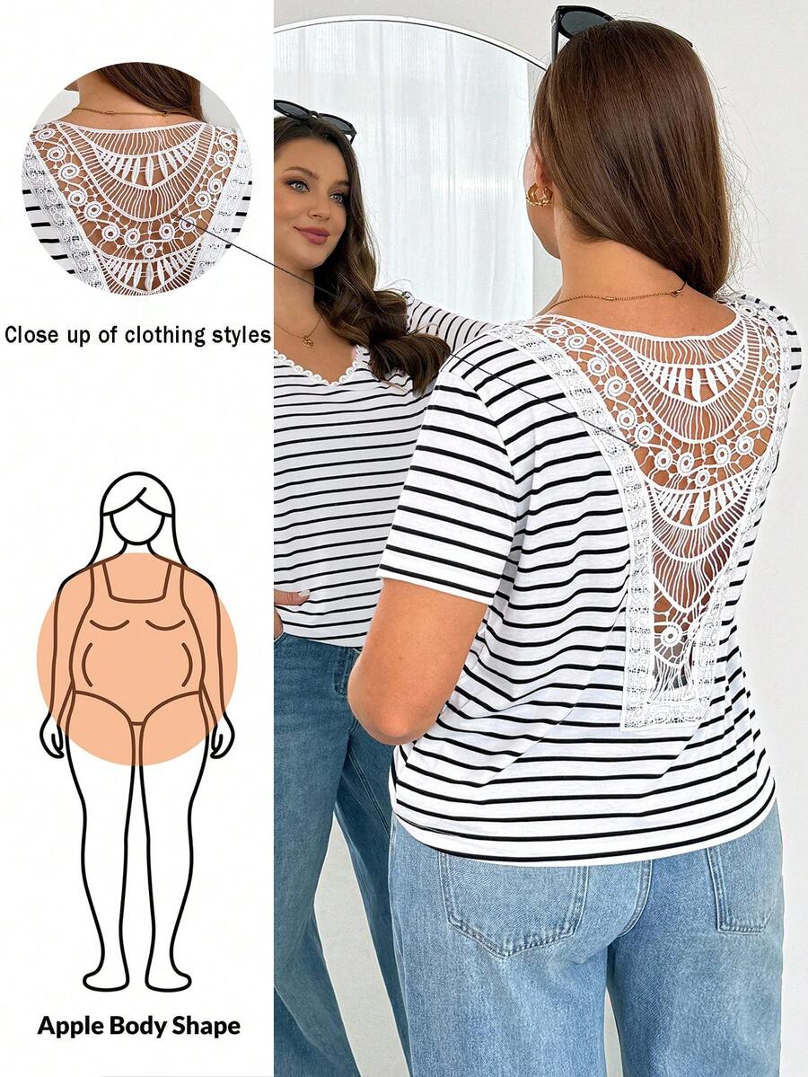 Shapeblank Plus-Size Women's Summer Elegant Smart Casual Black And White Striped Hollow-Out Embroidered Short-Sleeved T-Shirt,Everyday Loose Fit Vacation Tops - Black and White - View 1