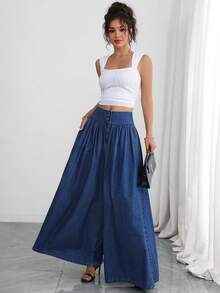 Elenzga Fall Casual Wide Leg Button Up Brown Denim Daily Wear Washed Comfortable Flattering Jeans For Women - Blue - View 7