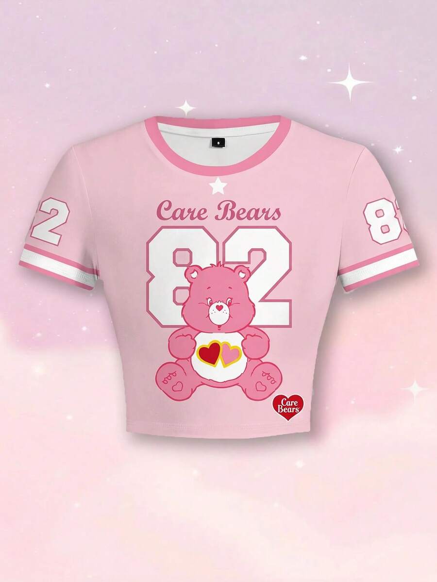 SHEIN X Care Bears 女士休闲时尚街头运动可爱卡通熊和数字字母图案撞色条纹修身短款T恤,夏季 - 白色 - 查看 1