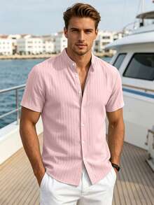 VENTUSAIL Men's Solid Colour Casual Short-Sleeve Shirt, Summer Vacation, Vintage Style For Men - Pink - View 7