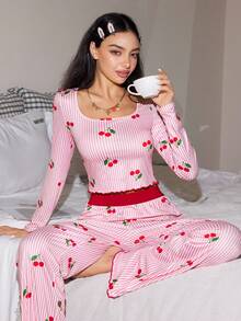 Lowkey Lull Conjunto de mujer con estampado de rayas lindo - Multicolor - Ver 2