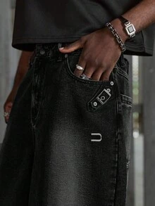 NEON BLANC Celana Jeans Denim Pria Model Longgar, Lebar, dan Pendek dengan Kantong - Hitam - View 5