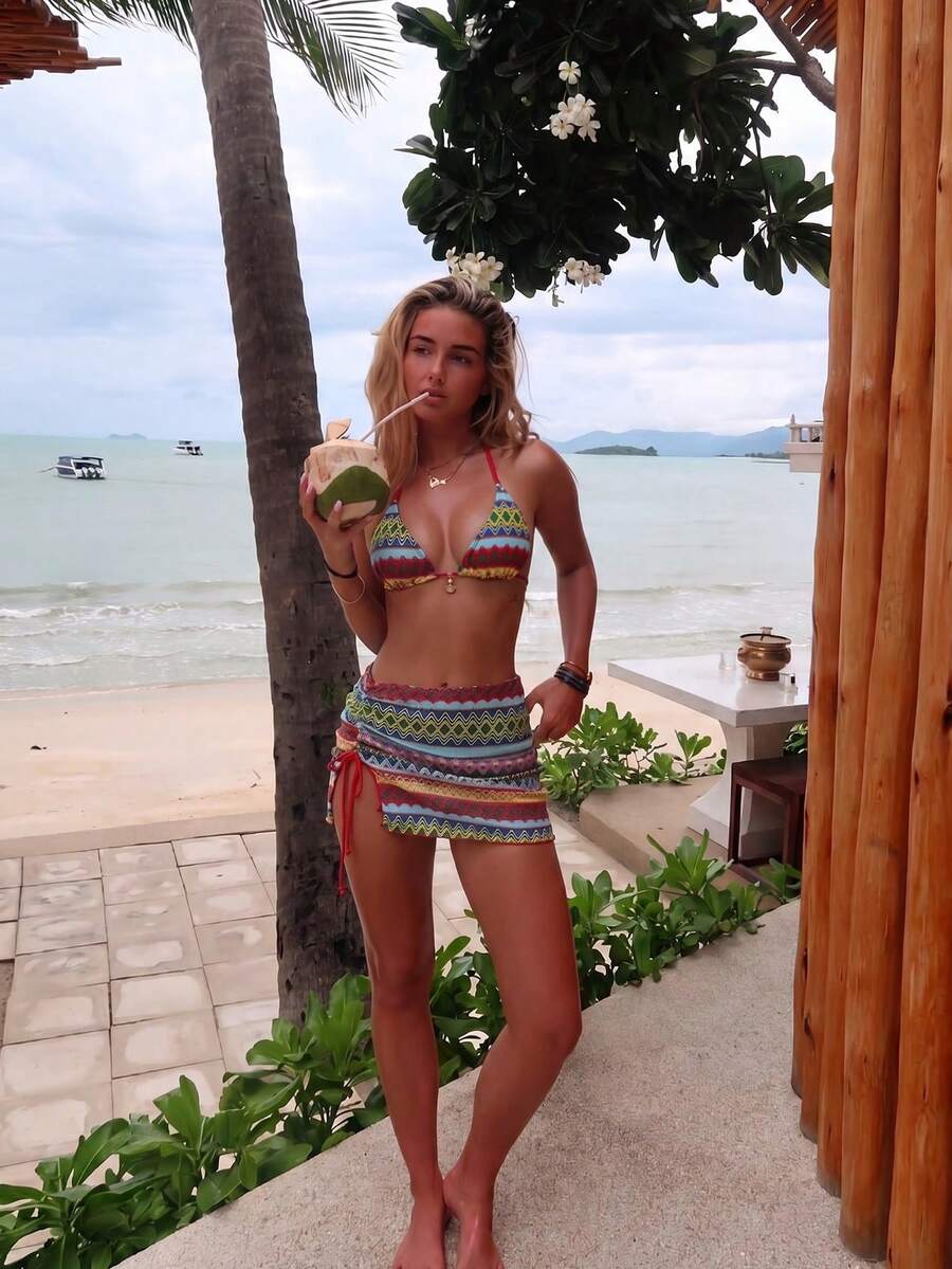 Sunnyshic 女款夏季海灘拼色掛脖綁帶性感比基尼三角泳褲兩件式泳衣套裝附迷你裙 - 彩色 - 查看 1
